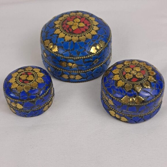 Nesting Trinket Boxes (3) Blue & Red Flat Stone with Gold Accents Handmade NWOT - Picture 3 of 11